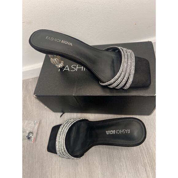 Fashion Nova Shoes - Fashion Nova Black Square Toe suede Mules With Rhinestone Straps And Sphere Heel